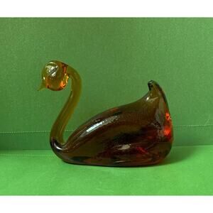 Hand-blown Amber Glass Pilgrim Glass Style Swan Figurine Paperweight 1970s